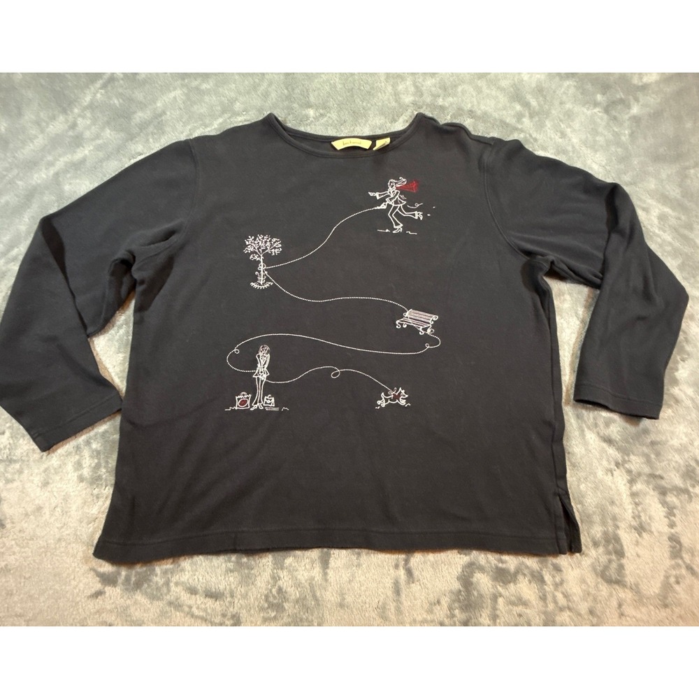 Bechamel Womens Black Embroidered Dog Walker Park Scene Cotton Top Size M Quirky